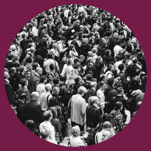 a crowd of people framed in a circle with a maroon background