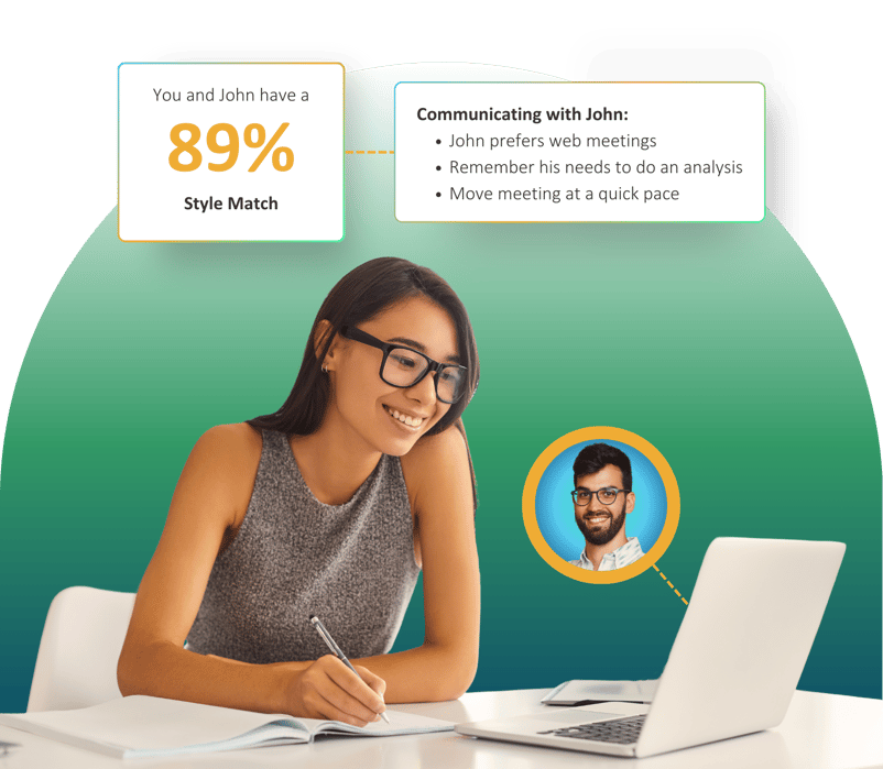 You and John have an 89% Style Match. Communicating with John: John prefers web meetings. Remember his needs to do an analysis. Move meeting at a quick pace.