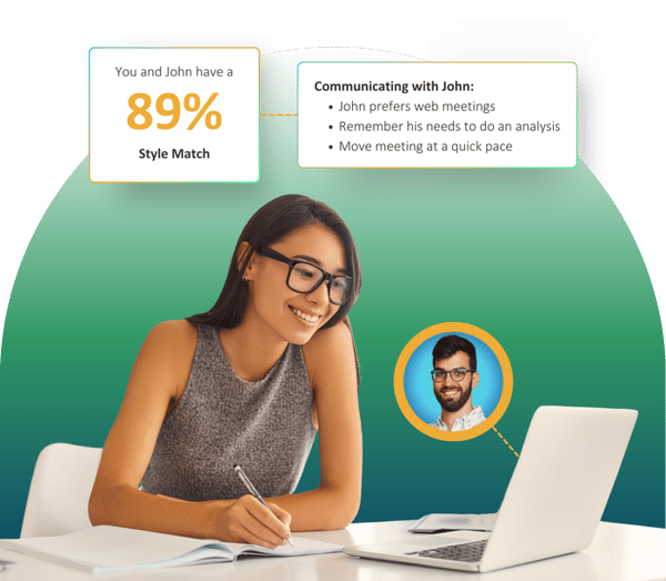 Text: You and John have a 89% style match. Communication tips for meeting with John. Image: shows a woman in a meeting on her laptop.