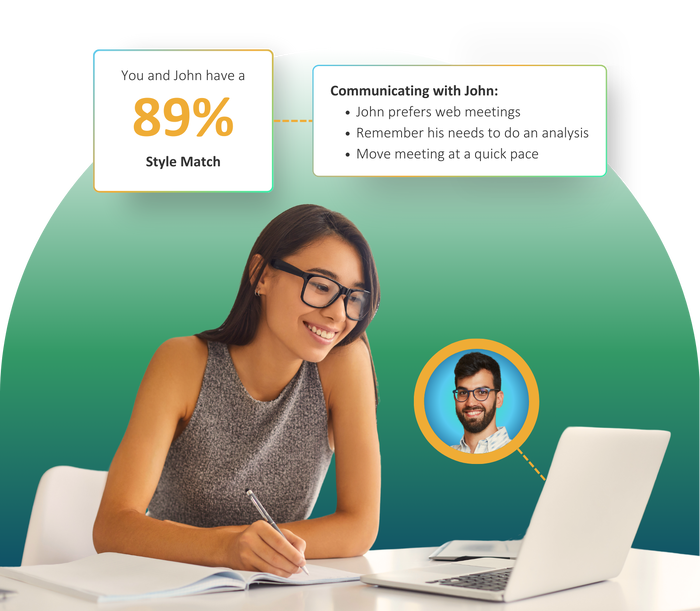 Text: You and John have a 89% style match. Communication tips for meeting with John. Image: shows a woman in a meeting on her laptop.